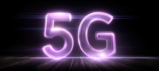 Glowing purple 5g text over dark background with light streaks