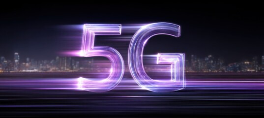 Glowing 5g text streams across a dark futuristic city background