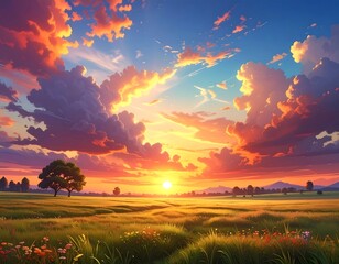 A vibrant, idyllic landscape featuring a vast, grassy field and a breathtaking sunset with dramatic, colorful clouds