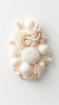 Abstract cream swirls with delicate spheres and textured elements, a white dessert arrangement evoking molecular gastronomy techniques.