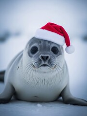 Baby seal wearing a santa hat on ice, close up. Cute animal for Christmas and New Year holiday greeting card design or winter celebration.