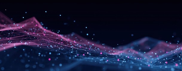Abstract digital network visualization with glowing pink and blue particles.