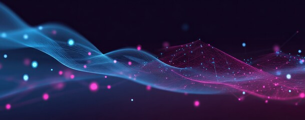 Abstract glowing blue and pink digital mesh waves against dark background.