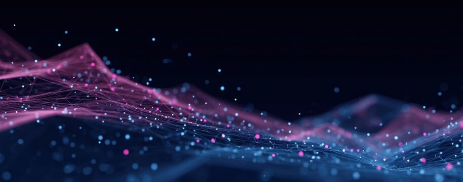 Abstract digital network visualization with glowing pink and blue particles. - Powered by Adobe
