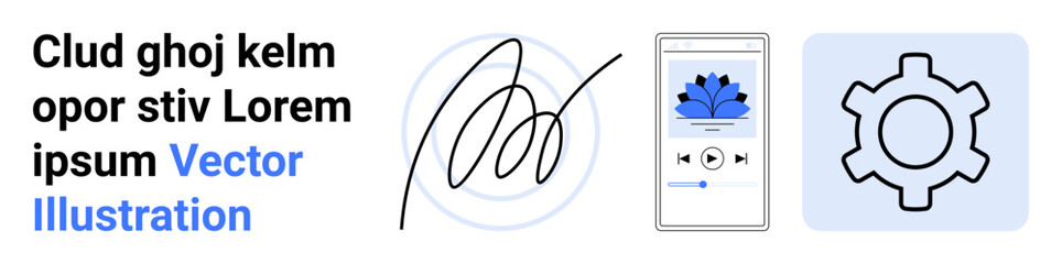 Abstract digital signature, smartphone with media app, gear for settings, and text design. Ideal for tech innovation, automation, creative apps, communication, business tools digital design simple