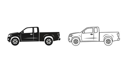Side view illustrations of a pickup truck in black and white tones