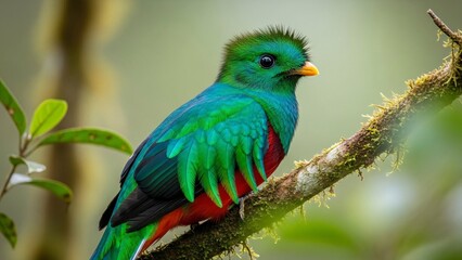 Resplendent quetzal perched on a branch in its natural habitat