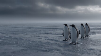Penguins on Ice: A group of penguins journeys across a vast icy expanse beneath a dramatic, overcast sky, evoking the raw beauty and unforgiving nature of the polar wilderness.