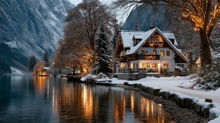 Fototapeta premium Cozy winter cabin by serene lake with snow-covered trees and warm glowing lights