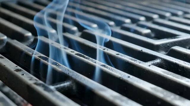 Close-up of grill grates emitting blue smoke, highlighting barbecue preparation and cooking techniques