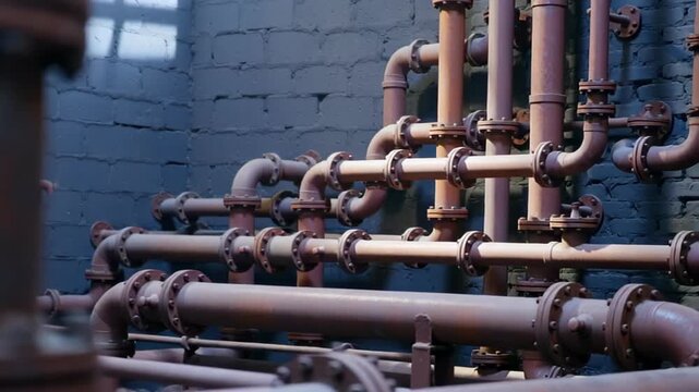 Close-up of interconnected industrial pipes with a weathered aesthetic against a dark background