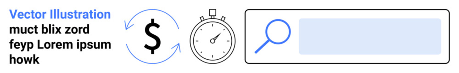 Obraz premium Time management, cost analysis, financial value, efficiency, search tools, and digital economy. Dollar sign, stopwatch magnifying glass on a search bar. Time management and cost analysis concept