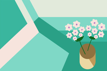 Flat style vector illustration of the white flowers in a brown pot with teal green backdrop. Minimalist indoor houseplant wallpaper with clean shapes and modern aesthetic.