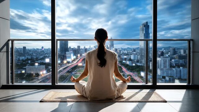 Serene woman meditating in a high rise luxury apartment overlooking the dynamic sprawling modern city skyline and dramatic blue cloudscape