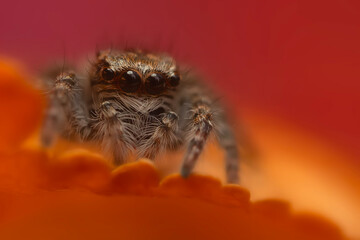 An aesthetically pleasing and eye-catching photograph of a spider against a background dominated by warm colors. The spider species is a jumping spider. Natural background. 