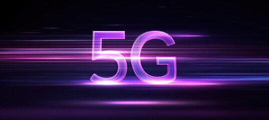 Glowing purple 5g text against dark background with light streaks