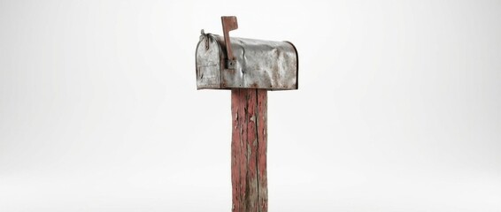 mailbox standing on a wooden post with peeling red paint isolated on white background in a professional studio setup highlighting texture and rustic charm in sharp detail
