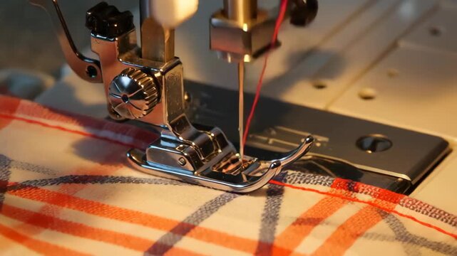 A sewing machine close-up with a needle and a plaid fabric being stitched together, showcasing intricate details of the machinery and textile