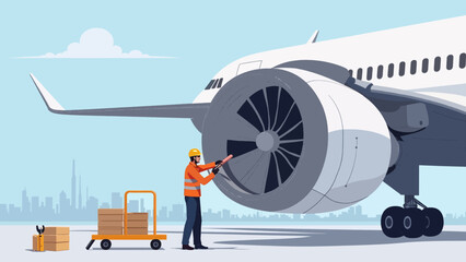 Aircraft Maintenance Engineer Inspecting Jet Engine &ndash; Professional Vector Illustration