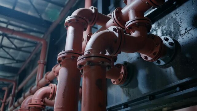 Close-up view of intricate red piping system with metallic fittings in an industrial space, highlighting structure and functionality