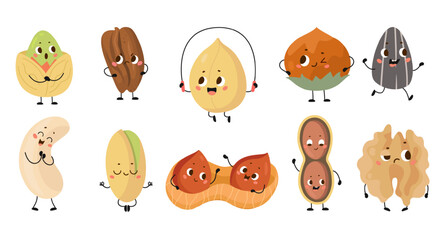 Funny nuts. Cute cartoon seeds, nuts and beans. Healthy snacks characters different emotions. Almond, hazelnut, sunflower seed, peanut, nowaday vector set