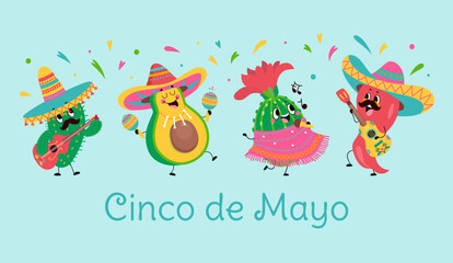 Cinco de mayo banner. Pepper, avocado and cactus wear traditional mexican costumes and sombrero. Musical characters dancing, nowaday vector banner