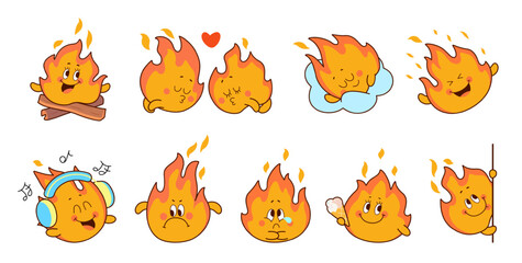 Fototapeta premium Kawaii flame characters. Isolated fire stickers, cute flames various emotions. Doodle happy fires in love, sleeping, eating listen music, nowaday vector set