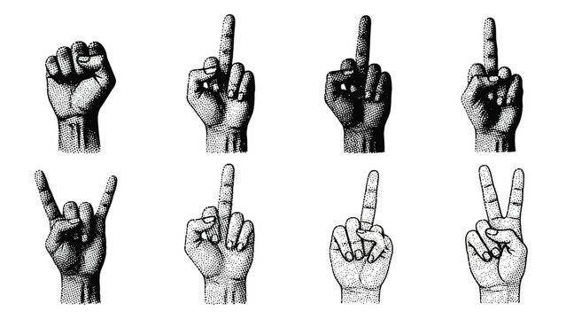 Multiple hands displaying various finger gestures including middle fingers