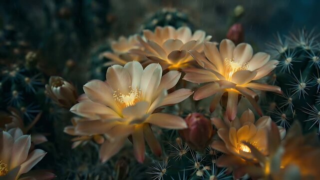Delicate blooming succulent rosettes with pastel tones and orange-yellow flowers among spiny cacti