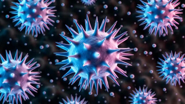 Close-up view of vibrant microorganisms showing spiky textures in a dark environment, depicting a microbial world