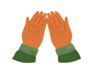 Person making dua to Allah, isolated hands raised with open palm facing upwards. Vector gesture symbolizing request to God. Central practice in Islam, symbol of informal conversation with Creator
