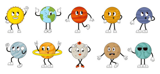 Groovy planet characters. Vintage solar system planets with funny faces. Positive earth, sun, venus, saturn, pluto, mars. Isolated neoteric vector clipart © MicroOne