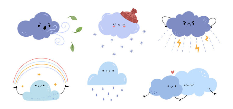 Emotional cloud weather character blowing cold wind, giving snow in winter. Vector in flat style, isolated set of avatars or emojis. Cloudy and stormy, raining and snowing, rainbow and glowing