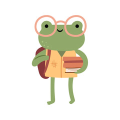 Cute frog in glasses with backpack holding stack of books. Vector amphibia going to educational institution, student or teacher. Smiling croaker, school study character. Learning and education