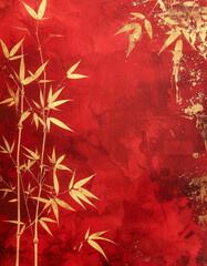 Bamboo Artistry: Delicate golden bamboo stalks and leaves grace a textured red canvas. capturing the essence of traditional art Imlek. Lunar Year. Generative AI.