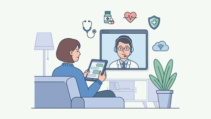 Telemedicine. Remote medical consultation. Doctor on screen talking to patient. Online healthcare service. Digital health video call. Virtual clinic. E-health. Medical help.