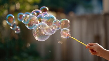 Playground Fun with Kids Joyful Child Blowing Colorful Soap Bubbles in Sunlit