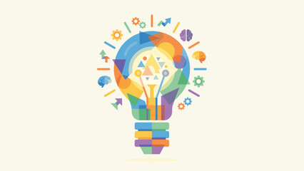Colorful lightbulb geometric shapes. Innovation idea concept. Creative business strategy. Abstract mosaic technology. Inspiration brain gears. Smart mind solution. Flat vector design
