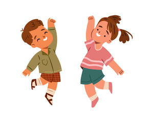 Cute boy and girl jumping with excitement. Vector isolated smiling kids in dynamic poses, full of energy and joy. Cartoon characters with joyful facial expressions. High vigor children © Sensvector