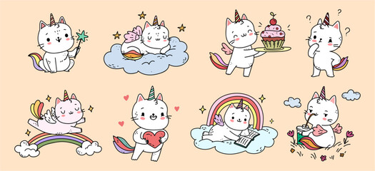Cute set of kawaii cat unicorn characters. Vector isolated cartoon personages sitting on clouds, flying with tiny wings and relaxing in dreamy poses. Stickers or greeting cards, nursery decor