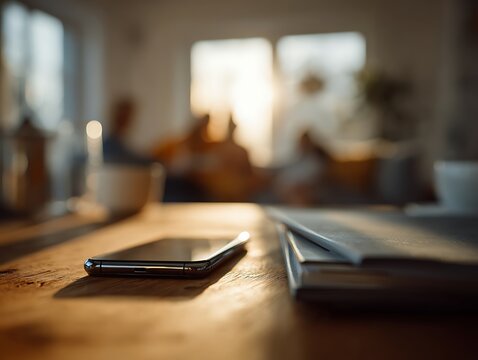 Smartphone on wooden table near stack of magazines, family sitting together blurred in background. Phone left unused during shared family time at home, illustrating reduced notifications and priority 