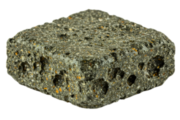 Square dark porous lava rock stone with rough texture isolated on a transparent background