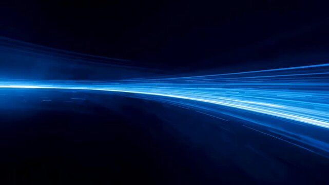 Intense Blue Light Streak Horizon with Glowing Motion Trail on Dark Curved Abstract Background