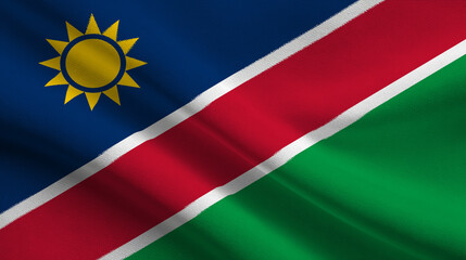 The flag of Namibia showcases a vibrant design with blue, red, green, and yellow colors, representing the country's sovereignty and unique identity, proudly displayed against a clear sky.