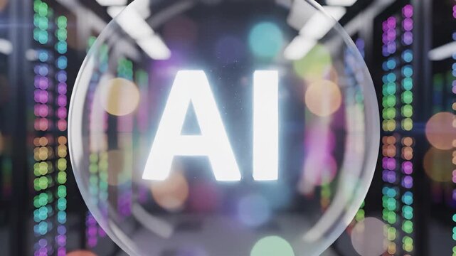Artificial intelligence concept with ai letters inside transparent bubble against blurred technology background with bokeh lights. Digital innovation visualization for machine learning, neural