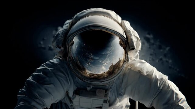 Mysterious astronaut on solitary deep space exploration. helmet visor reflects vast cosmos and universe, journey into future of science and technology