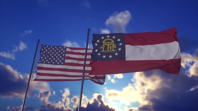 Patriotic Display of USA and Georgia State Flags Against Dramatic Sky