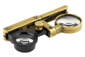 Vintage brass optical instrument with double magnifying lenses isolated on a transparent background
