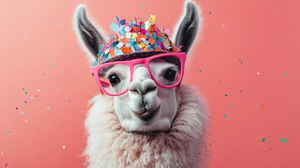 Obraz premium A festive llama with pink glasses, wearing a cap with colored confetti on top, smiling. .