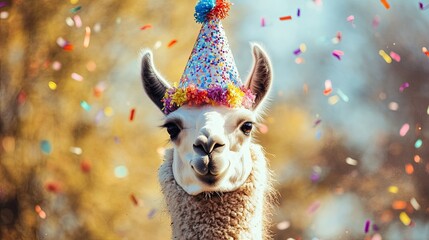 Obraz premium A llama sporting a party hat decorated with confetti, posing with a playful expression. .